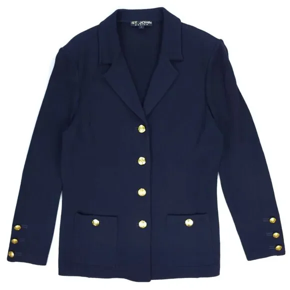 ST JOHN Santana Knit Wool Blazer Navy Quiet Luxury Old Money Academia Preppy - Picture 10 of 12